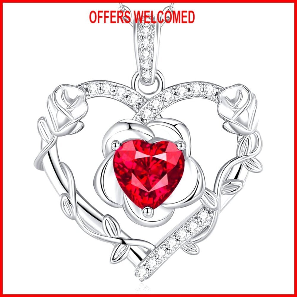 Sterling Silver Ruby Heart Pendant Necklace, 18" Adjustable Chain, July